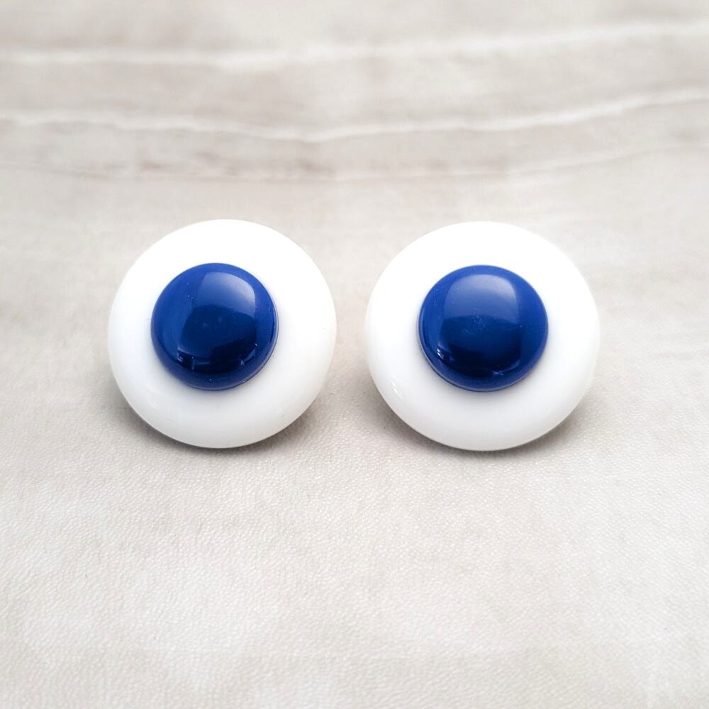 Vintage Clip On Earrings Large 3D Circle Blue and White Retro Statement 1 & 1/8"